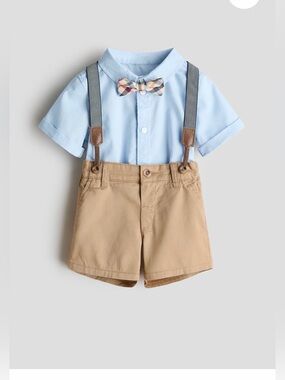 H&M 3-piece Dressy Set LIGHT BLUE BEIGE Toddler Outfit Suspenders